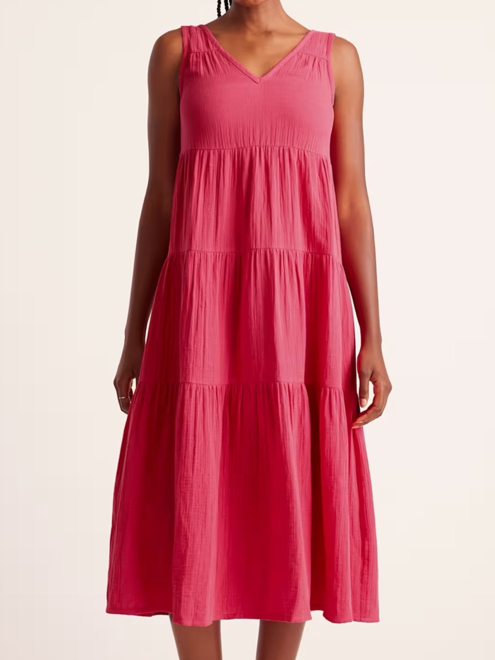 Quince 100% Organic Cotton Gauze Tiered Maxi Dress Hot Pink Large Sleeveless